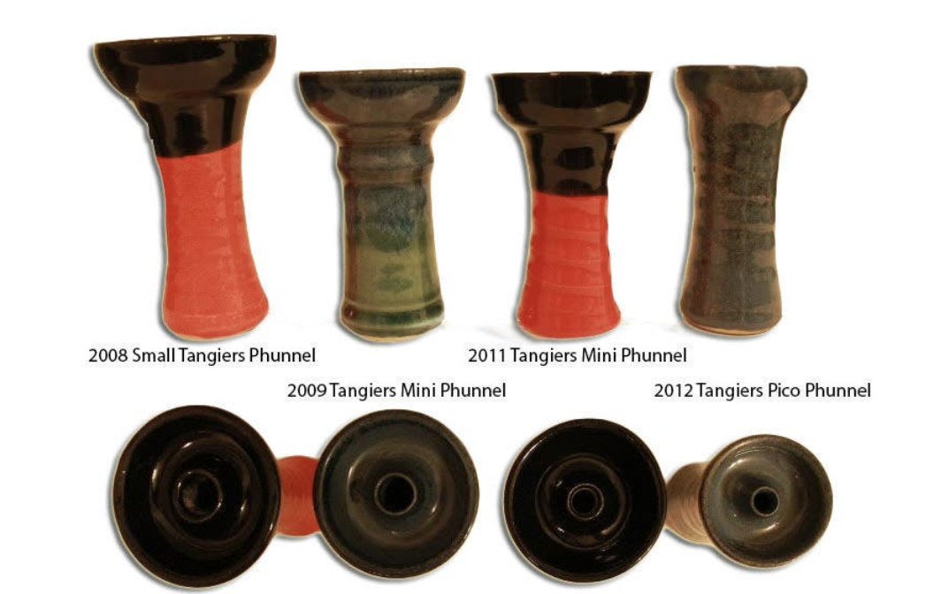 Tangiers 純正 Phunnel の年代別進化（2008 Small・2009/2011 Mini・2012 Pico）。下段は底面で穴がなく中央スパイア頂部に1穴